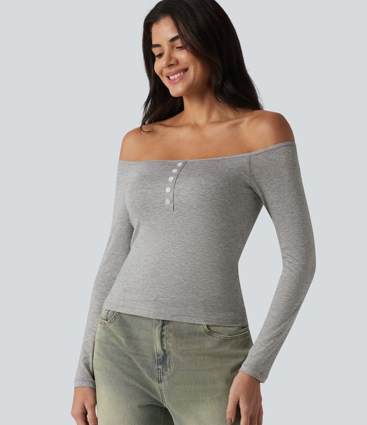 Ribbed Off-shoulder Long Sleeve Built-in Bra Ultra-slim Casual T-Shirt