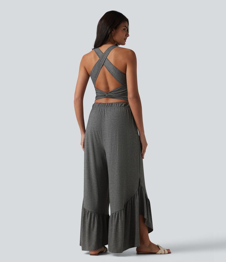 Crisscross Backless U-Neck Sleeveless Ruffle Hem Flowy Casual Jumpsuit with Pockets-Easy Peezy