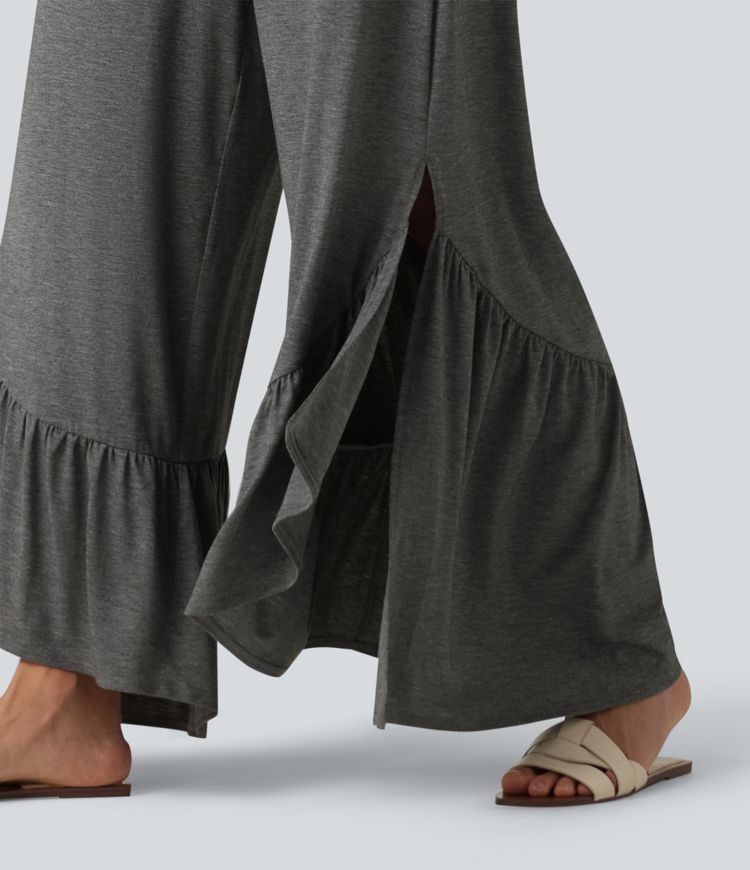 Combinaison décontractée fluide sans manches à dos croisé, col en U et ourlet à volants, avec poches - Easy Peezy
