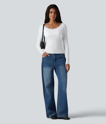 Ribbed Knit Scoop Neck U-back Long Sleeve Contrast Lace Built-in Bra Casual Top