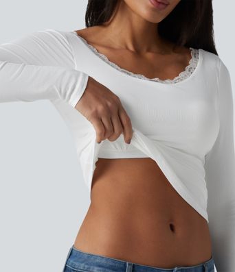 Ribbed Knit Scoop Neck U-back Long Sleeve Contrast Lace Built-in Bra Casual Top