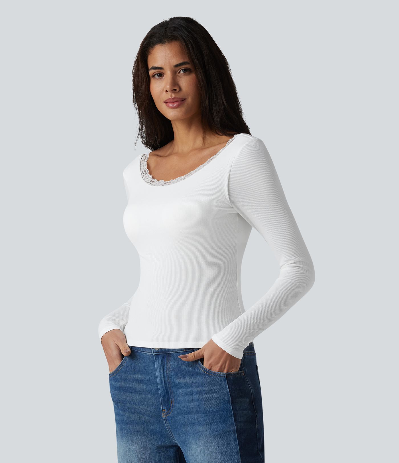 Ribbed Knit Scoop Neck U-back Long Sleeve Contrast Lace Built-in Bra Casual Top