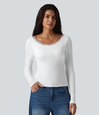 Ribbed Knit Scoop Neck U-back Long Sleeve Contrast Lace Built-in Bra Casual Top