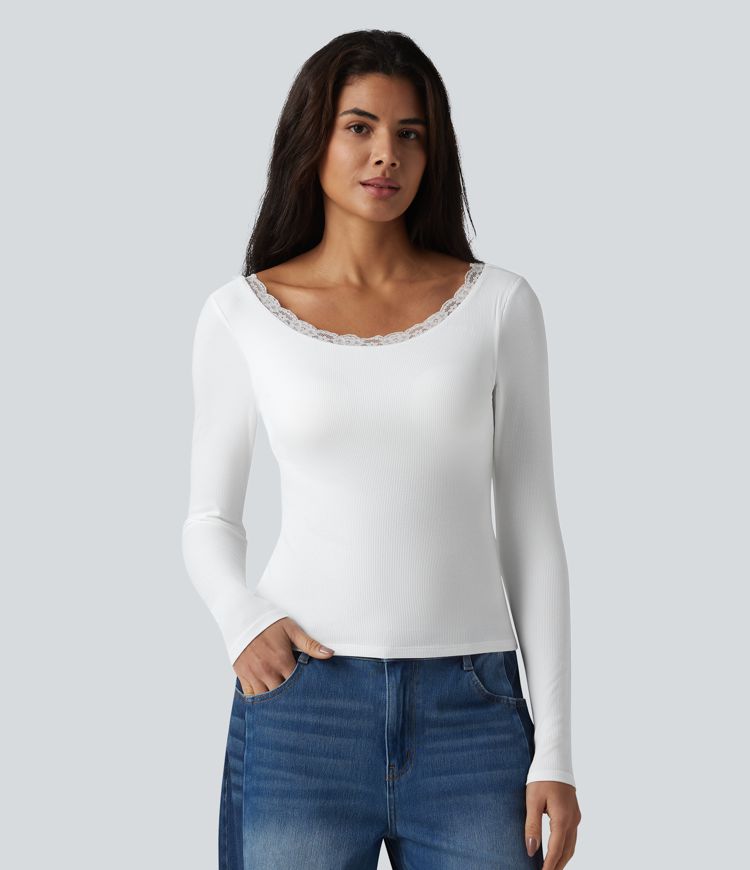 Ribbed Knit Scoop Neck U-back Long Sleeve Contrast Lace Built-in Bra Casual Top