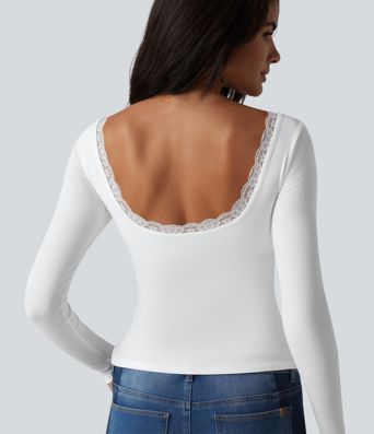 Ribbed Knit Scoop Neck U-back Long Sleeve Contrast Lace Built-in Bra Casual Top