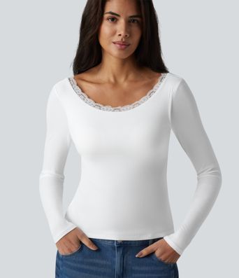 Ribbed Knit Scoop Neck U-back Long Sleeve Contrast Lace Built-in Bra Casual Top