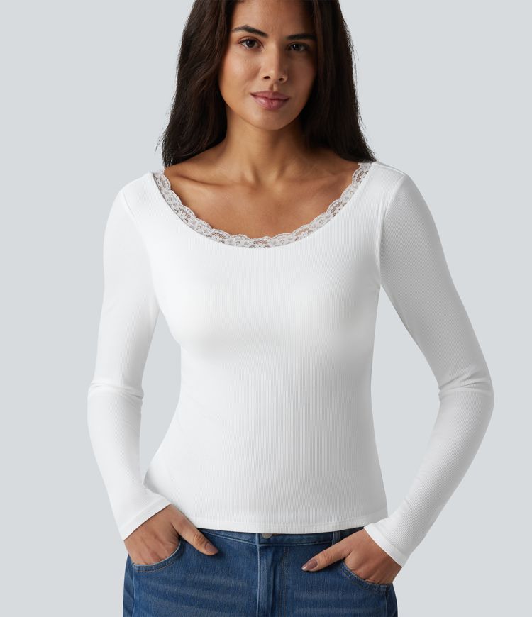 Ribbed Knit Scoop Neck U-back Long Sleeve Contrast Lace Built-in Bra Casual Top