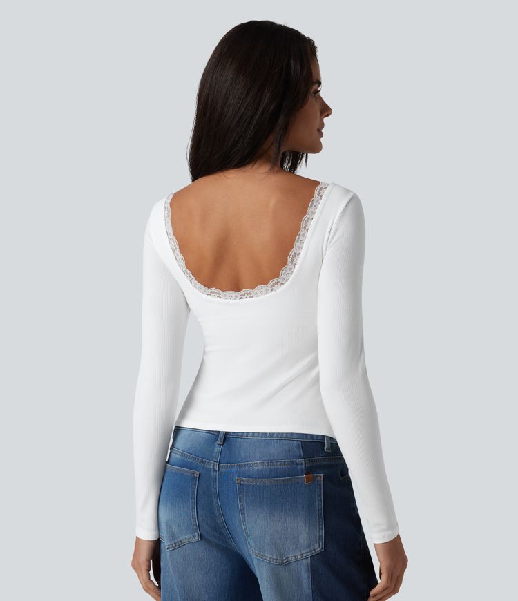 Ribbed Knit Scoop Neck U-back Long Sleeve Contrast Lace Built-in Bra Casual Top