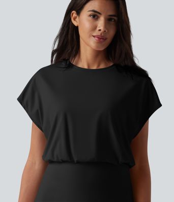SoftlyZero™ Airy Round Neck Short Sleeve 2-in-1 Cool Touch Mini Yoga Active Dress with Pockets-Easy Peezy Edition SoftlyZero™ Airy Round Neck Short Sleeve 2-in-1 Cool Touch Mini Yoga Active Dress with Pockets-Easy Peezy Edition