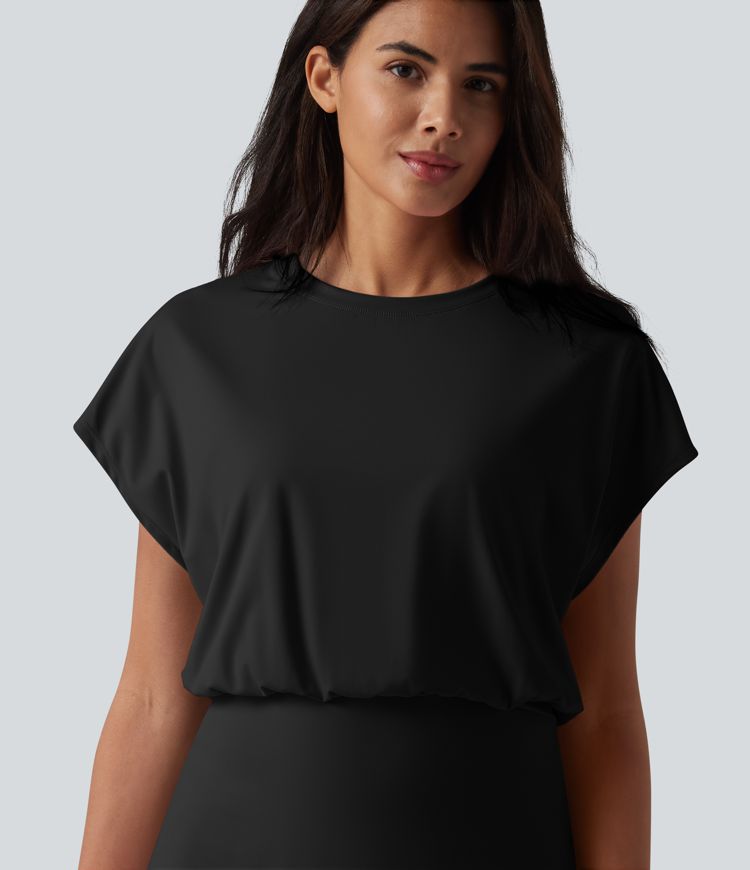 SoftlyZero™ Airy Round Neck Short Sleeve 2-in-1 Cool Touch Mini Yoga Active Dress with Pockets-Easy Peezy Edition SoftlyZero™ Airy Round Neck Short Sleeve 2-in-1 Cool Touch Mini Yoga Active Dress with Pockets-Easy Peezy Edition