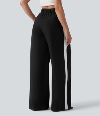 Wrinkle-Resistant High Waisted Baggy Color Block Casual Linen-Feel Pants with Pockets