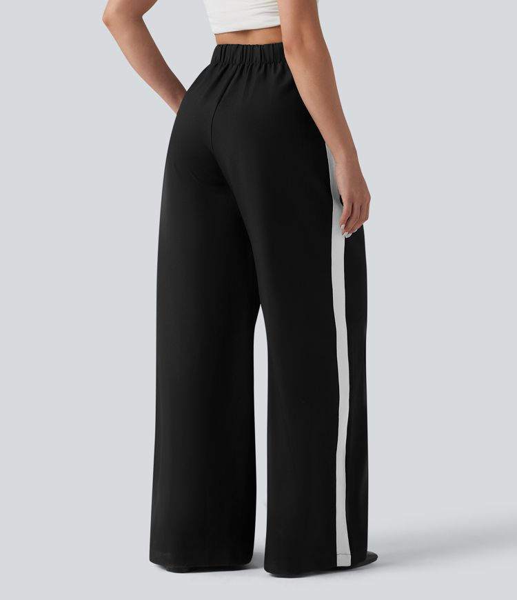 Wrinkle-Resistant High Waisted Baggy Color Block Casual Linen-Feel Pants with Pockets