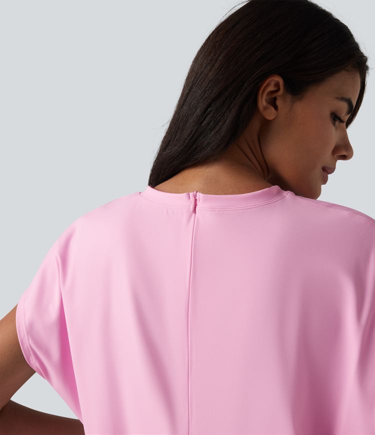 SoftlyZero™ Airy Round Neck Short Sleeve 2-in-1 Cool Touch Mini Yoga Active Dress with Pockets-asy Peezy Edition