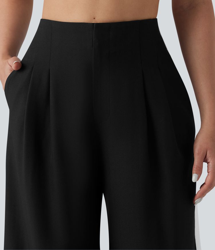 Wrinkle-Resistant High Waisted Baggy Color Block Casual Linen-Feel Pants with Pockets