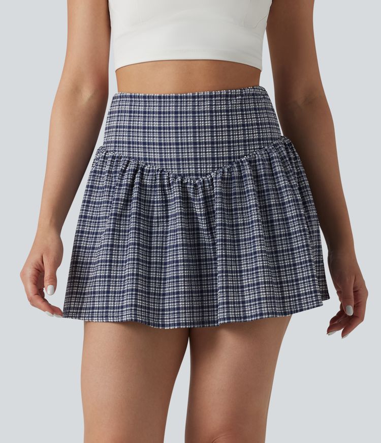 High Waisted 2-in-1 A-line Mini Plaid Crinkle Quick Dry Tennis Skirt with Pockets
