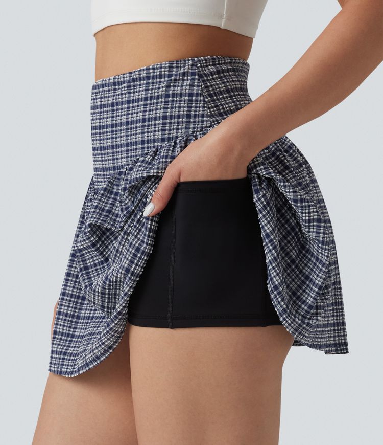 High Waisted 2-in-1 A-line Mini Plaid Crinkle Quick Dry Tennis Skirt with Pockets