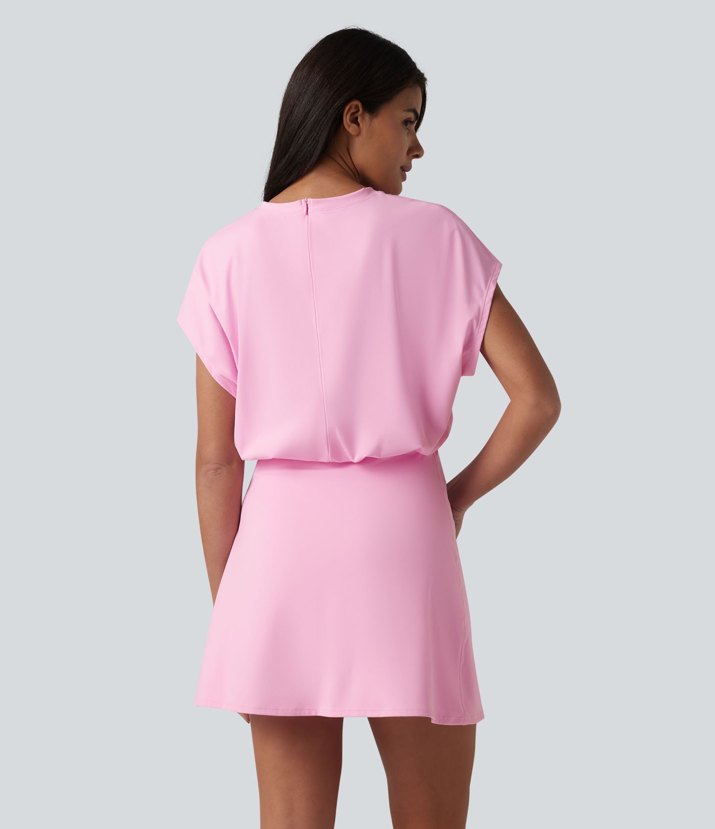 SoftlyZero™ Airy Round Neck Short Sleeve 2-in-1 Cool Touch Mini Yoga Active Dress with Pockets-asy Peezy Edition