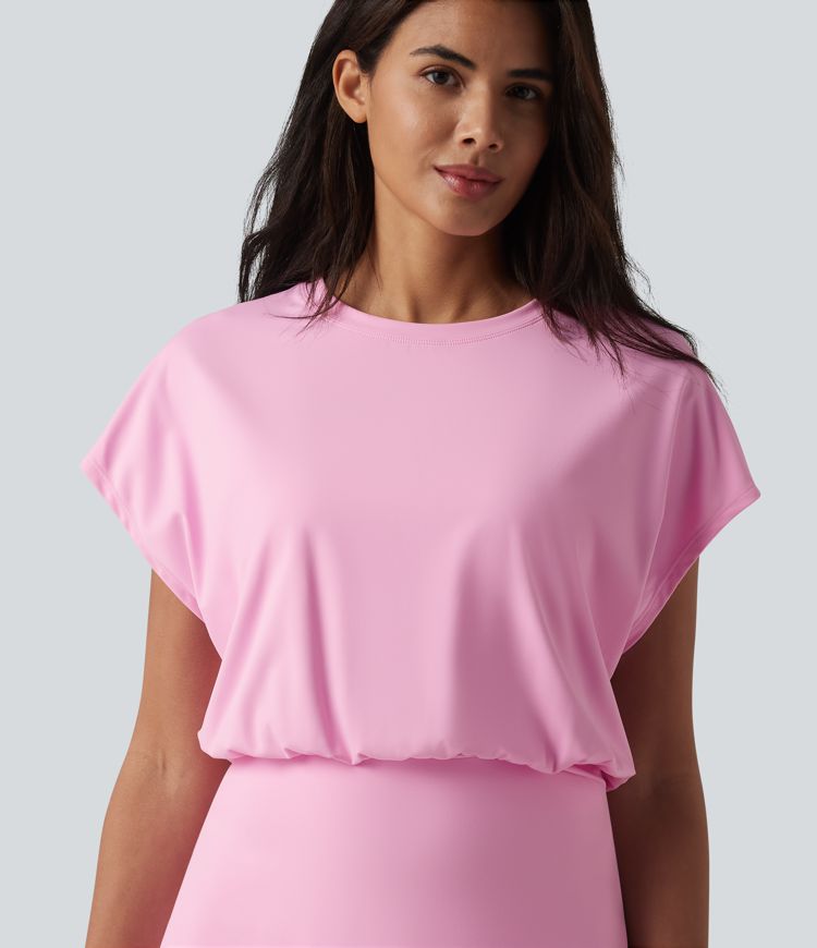 SoftlyZero™ Airy Round Neck Short Sleeve 2-in-1 Cool Touch Mini Yoga Active Dress with Pockets-asy Peezy Edition