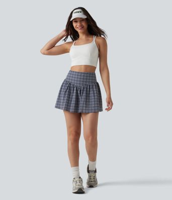 High Waisted 2-in-1 A-line Mini Plaid Crinkle Quick Dry Tennis Skirt with Pockets