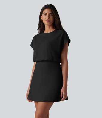 SoftlyZero™ Airy Round Neck Short Sleeve 2-in-1 Cool Touch Mini Yoga Active Dress with Pockets-Easy Peezy Edition SoftlyZero™ Airy Round Neck Short Sleeve 2-in-1 Cool Touch Mini Yoga Active Dress with Pockets-Easy Peezy Edition