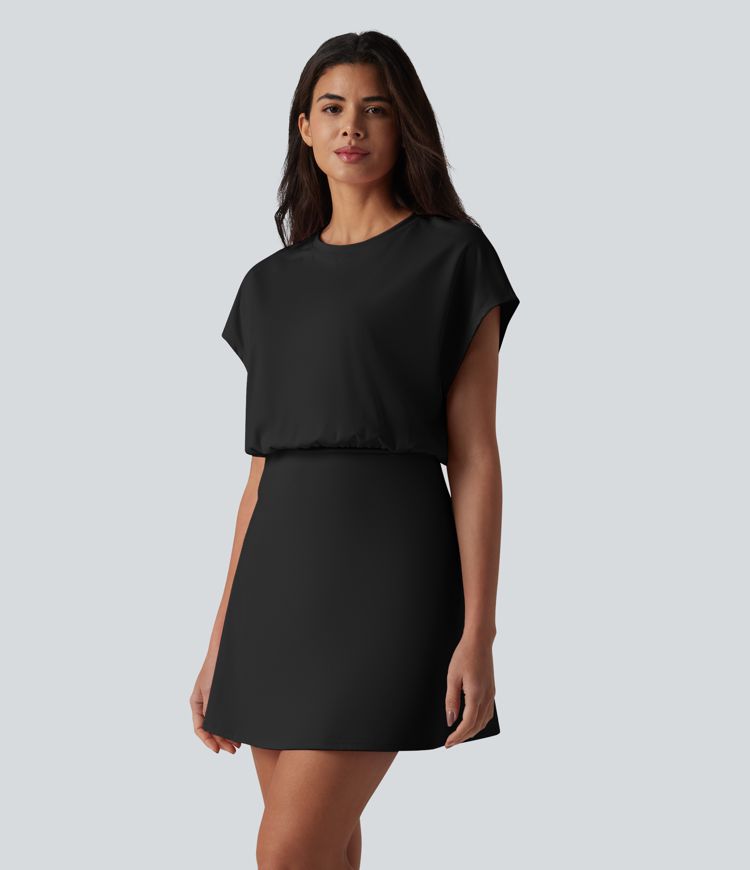 SoftlyZero™ Airy Round Neck Short Sleeve 2-in-1 Cool Touch Mini Yoga Active Dress with Pockets-Easy Peezy Edition SoftlyZero™ Airy Round Neck Short Sleeve 2-in-1 Cool Touch Mini Yoga Active Dress with Pockets-Easy Peezy Edition