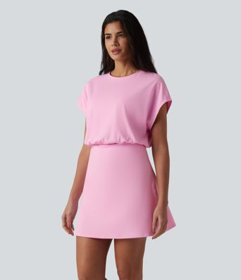 SoftlyZero™ Airy Round Neck Short Sleeve 2-in-1 Cool Touch Mini Yoga Active Dress with Pockets-asy Peezy Edition