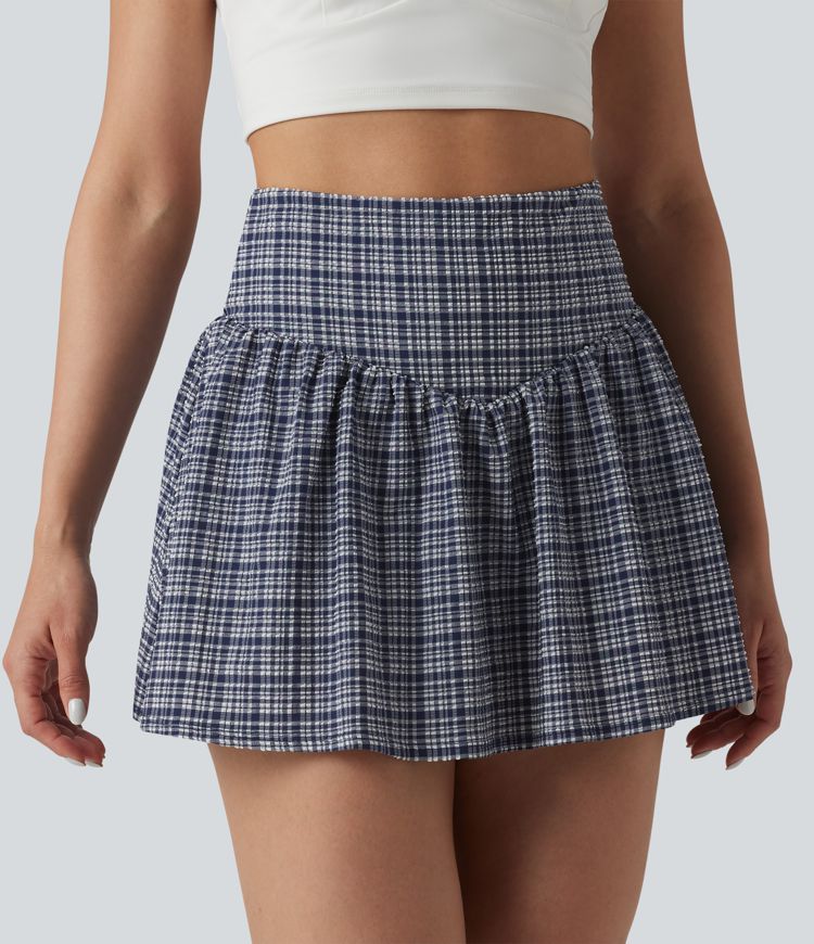 High Waisted 2-in-1 A-line Mini Plaid Crinkle Quick Dry Tennis Skirt with Pockets
