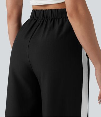 Wrinkle-Resistant High Waisted Baggy Color Block Casual Linen-Feel Pants with Pockets