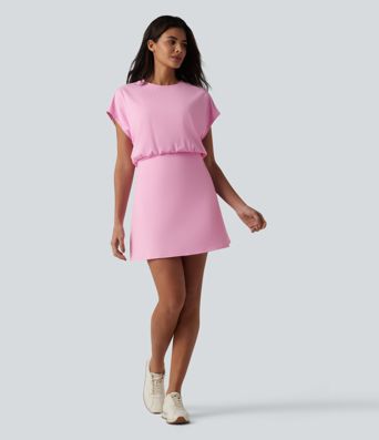 SoftlyZero™ Airy Round Neck Short Sleeve 2-in-1 Cool Touch Mini Yoga Active Dress with Pockets-asy Peezy Edition