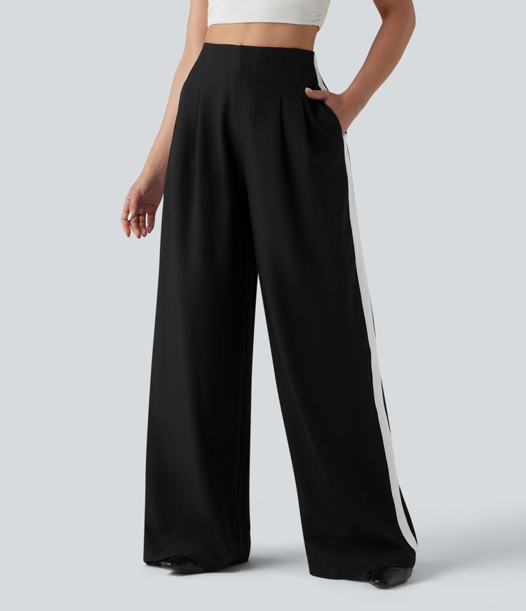 Wrinkle-Resistant High Waisted Baggy Color Block Casual Linen-Feel Pants with Pockets