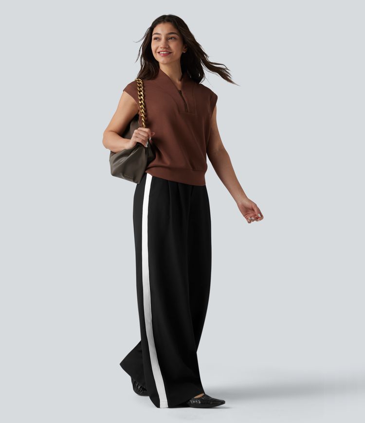 Wrinkle-Resistant High Waisted Baggy Color Block Casual Linen-Feel Pants with Pockets
