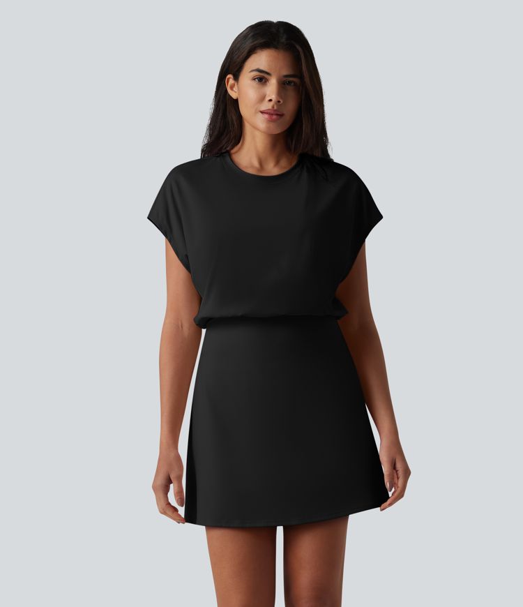 SoftlyZero™ Airy Round Neck Short Sleeve 2-in-1 Cool Touch Mini Yoga Active Dress with Pockets-Easy Peezy Edition SoftlyZero™ Airy Round Neck Short Sleeve 2-in-1 Cool Touch Mini Yoga Active Dress with Pockets-Easy Peezy Edition