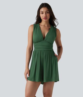 Combishort casual côtelé sans manches col V, fronces et soutien-gorge intégré, avec poches – Easy Peasy