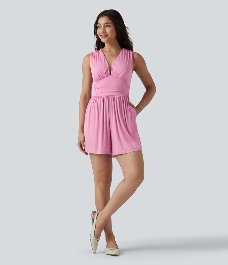 Ribbed V-neck Sleeveless Ruched Built-in Bra Casual Romper with Pockets-Easy Peezy