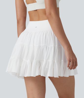 High Waisted Crossover Flowy 2-in-1 Mini Tennis Skirt with Pockets