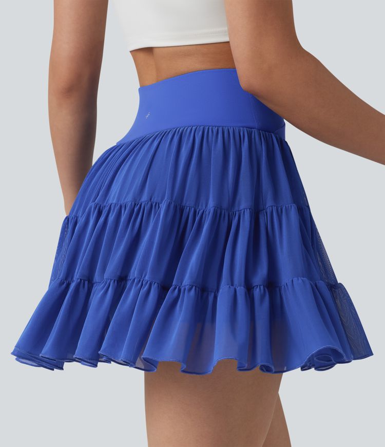 Fließender 2-in-1 Tennis-Minirock mit hohem Crossover-Bund und Seitentaschen