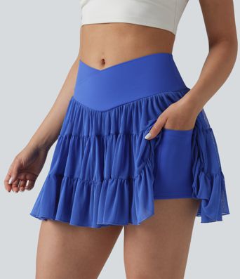 Fließender 2-in-1 Tennis-Minirock mit hohem Crossover-Bund und Seitentaschen