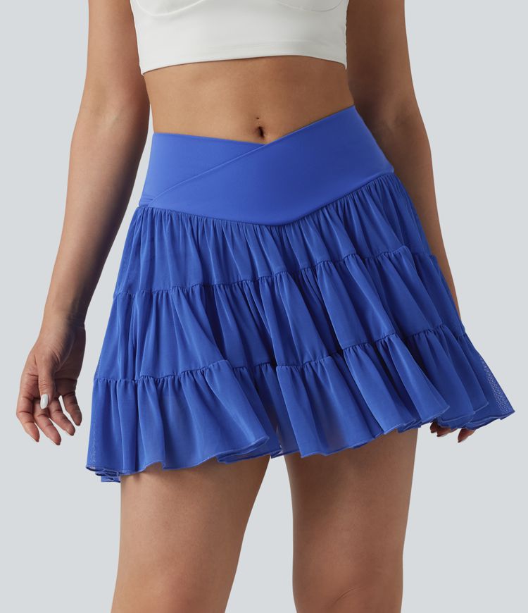 Fließender 2-in-1 Tennis-Minirock mit hohem Crossover-Bund und Seitentaschen