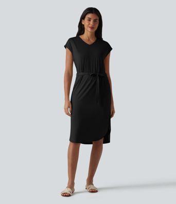 V-neck Short Sleeve Belted Curved Hem Casual T-Shirt Dress