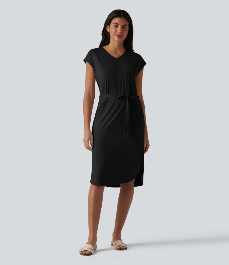 V-neck Short Sleeve Belted Curved Hem Casual T-Shirt Dress
