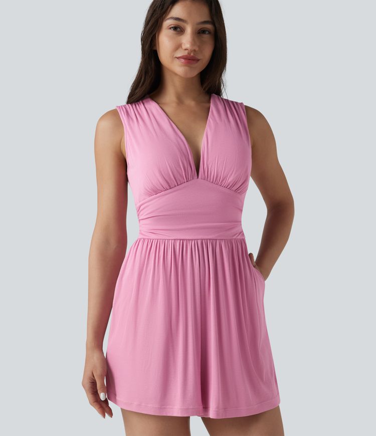 Ribbed V-neck Sleeveless Ruched Built-in Bra Casual Romper with Pockets-Easy Peezy