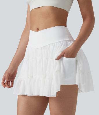 High Waisted Crossover Flowy 2-in-1 Mini Tennis Skirt with Pockets