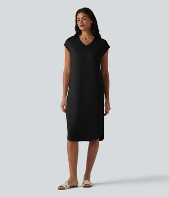V-neck Short Sleeve Belted Curved Hem Casual T-Shirt Dress