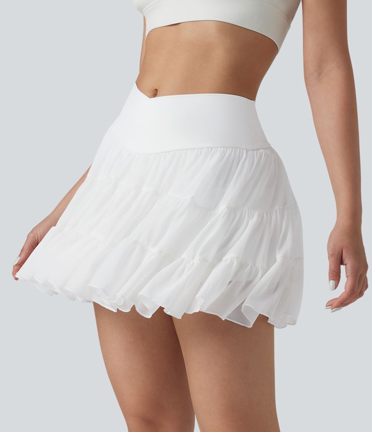 High Waisted Crossover Flowy 2-in-1 Mini Tennis Skirt with Pockets
