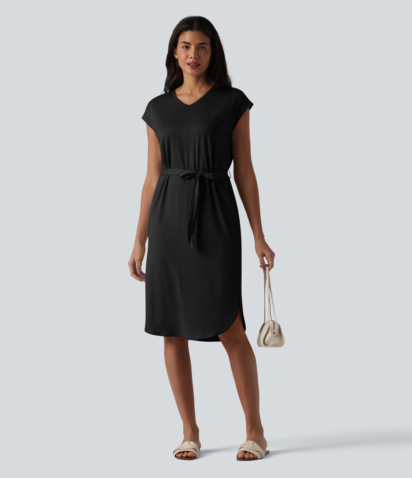 V-neck Short Sleeve Belted Curved Hem Casual T-Shirt Dress