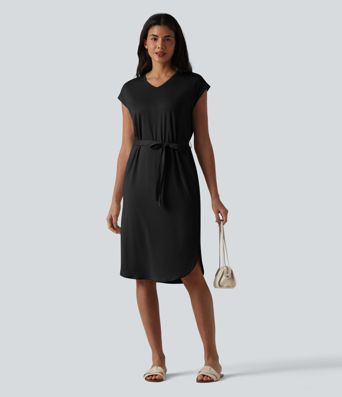 V-neck Short Sleeve Belted Curved Hem Casual T-Shirt Dress