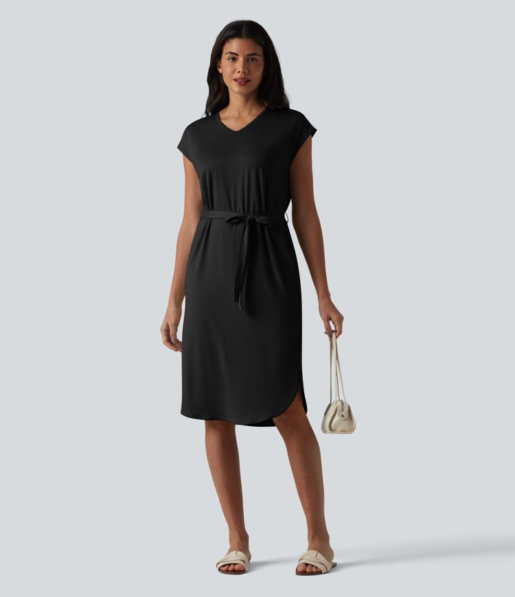 V-neck Short Sleeve Belted Curved Hem Casual T-Shirt Dress