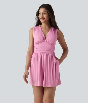 Ribbed V-neck Sleeveless Ruched Built-in Bra Casual Romper with Pockets-Easy Peezy
