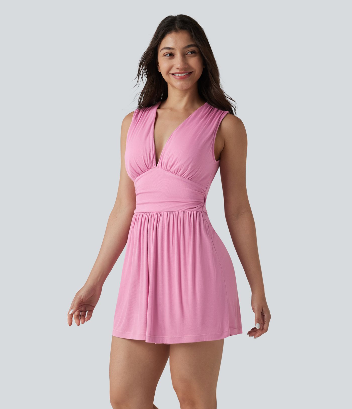 Ribbed V-neck Sleeveless Ruched Built-in Bra Casual Romper with Pockets-Easy Peezy