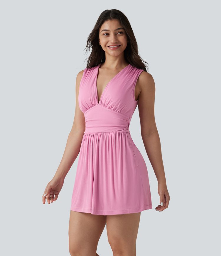 Ribbed V-neck Sleeveless Ruched Built-in Bra Casual Romper with Pockets-Easy Peezy